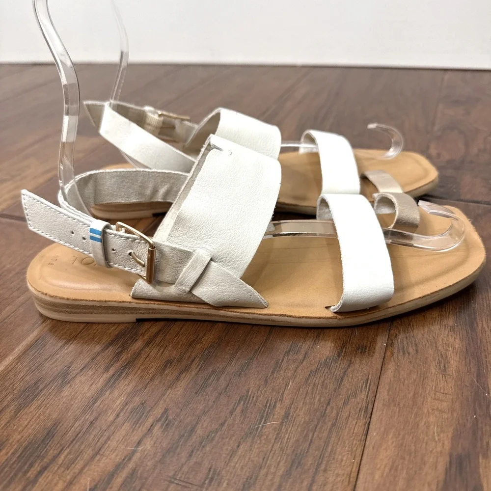 TOMS Freya Leather Toe Loop Sandal Flat Ankle Strap Buckle Neutral Women's 7.5